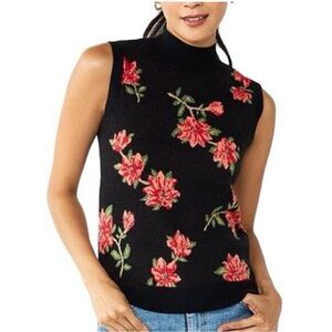 NWT Draper James Black Sweater Vest with Red Floral Design